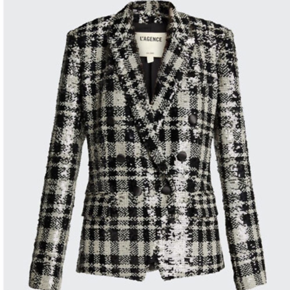 L'Agence Kenzie Black and White Plaid Sequin Blazer Jacket NWOT
